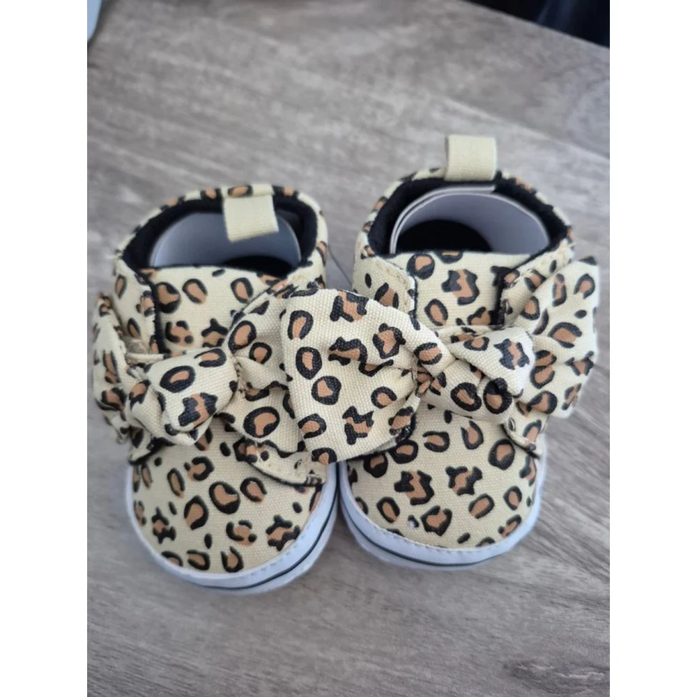 Baby Leopard Print Bow Baby & Walker Shoes Size 0-12 monthd Beige Brown